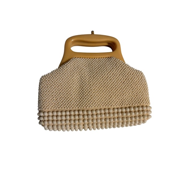 Handbags - Vintage Hand Made in Hong Kong Beaded Handbag Lucite Handle Cream Butterscotch